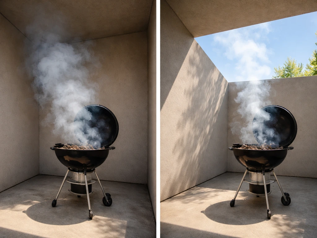 Charcoal grill smoking inside a partially enclosed patio with trapped smoke, contrasting open-air side for airflow.