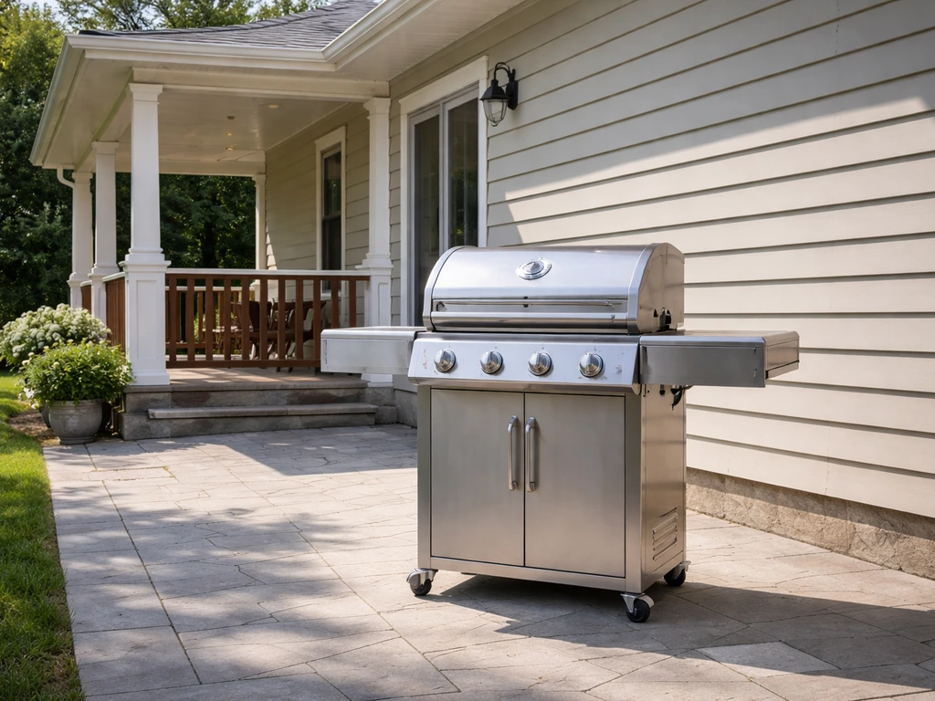 Outdoor grill on a patio set back from the house, showing safe distance from siding and eaves