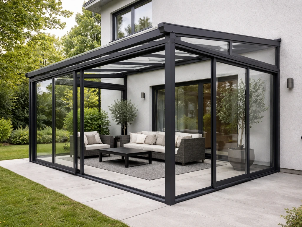 Patio enclosure attached to a home with windows and roof framing in natural daylight.