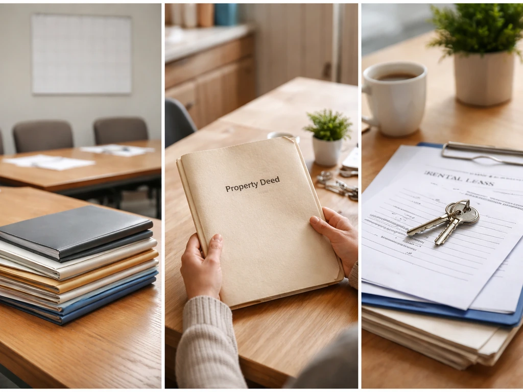 Minimal split scene of HOA paperwork, a homeowner’s deed folder, and a rental lease with a key.