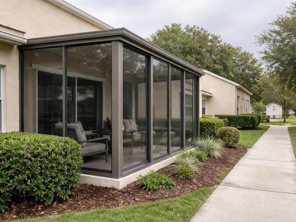 Patio enclosure outside a condo unit in a planned community with HOA-style shared facade cues