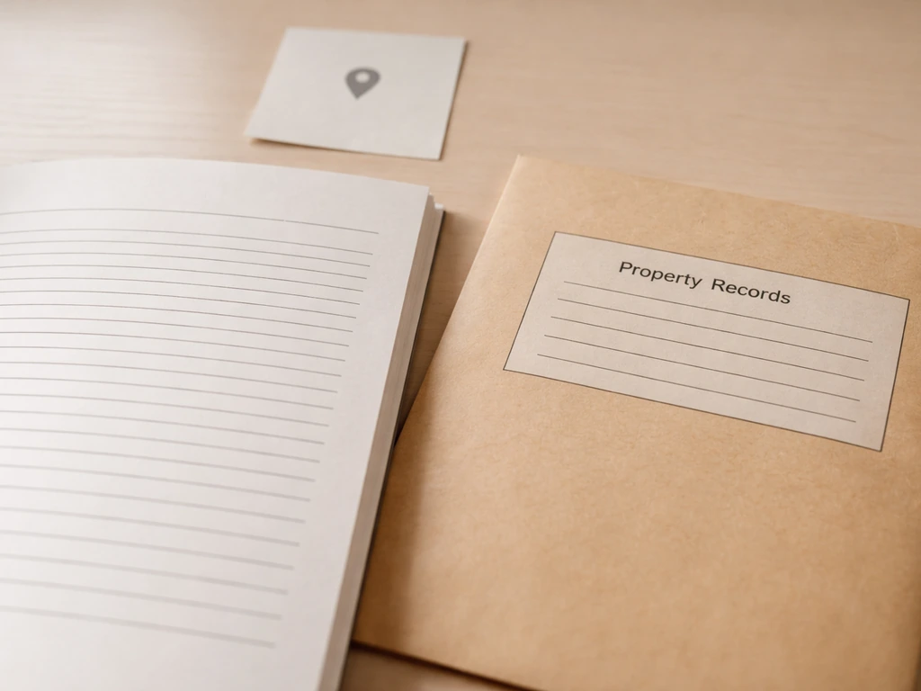 Close-up of a deed document page beside a labeled envelope marked for property records with a map-pin icon.