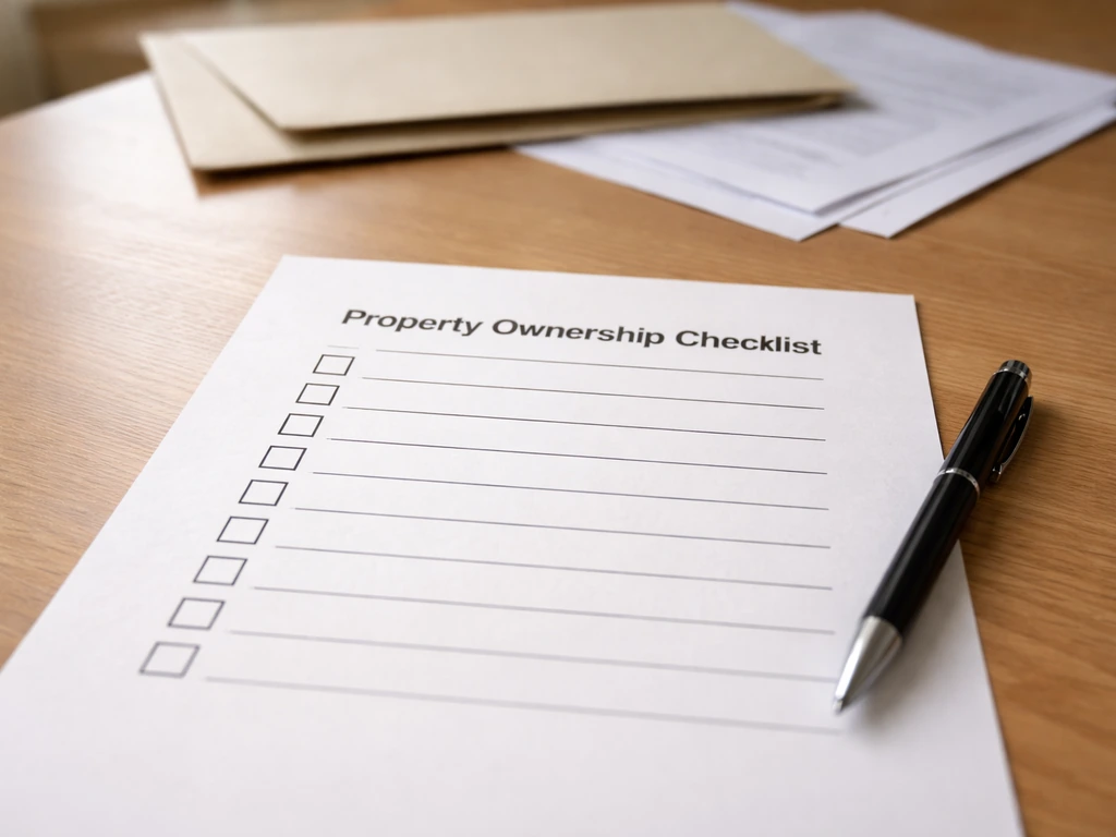 Printed property ownership checklist with tick boxes and a pen on a wooden desk, with documents blurred behind.