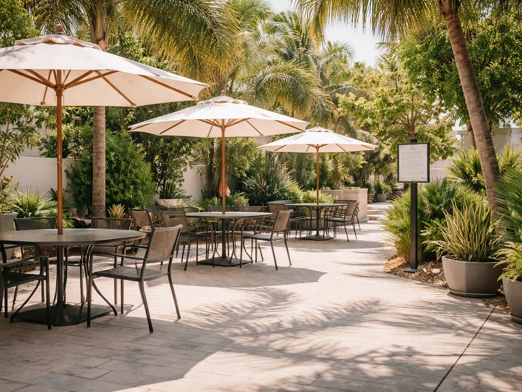 Wide view of a Florida restaurant patio with outdoor tables and a smoke-free style sign in the background