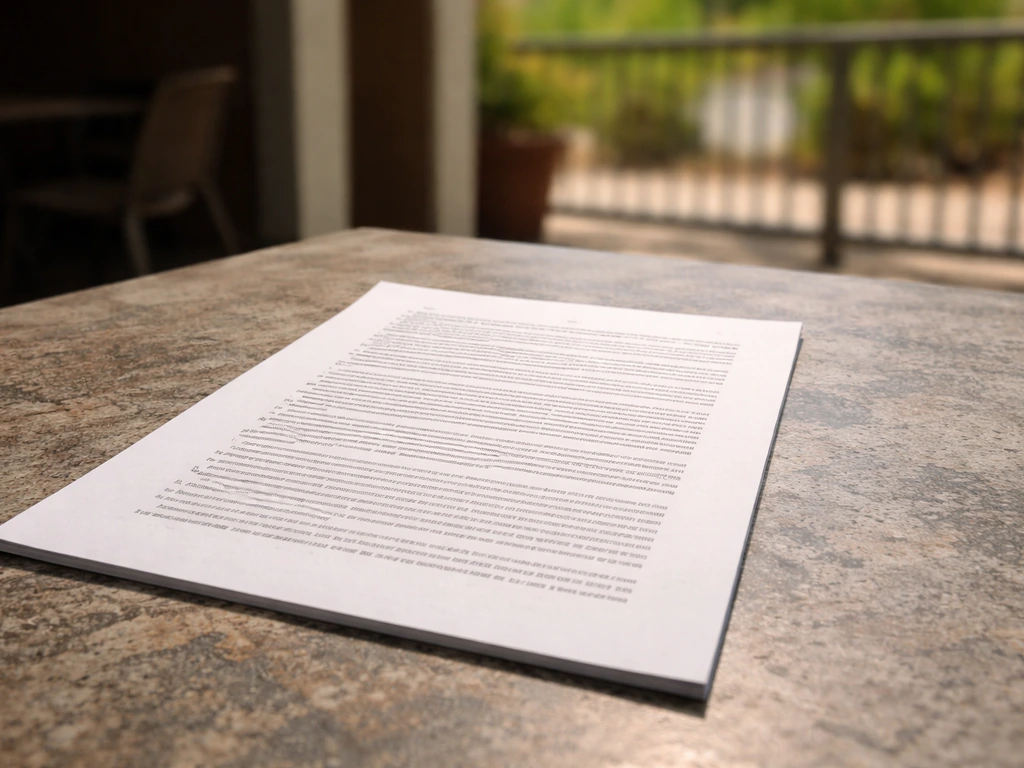 Close-up of a printed legal document page on a restaurant patio table with a clear indoor-workplace concept