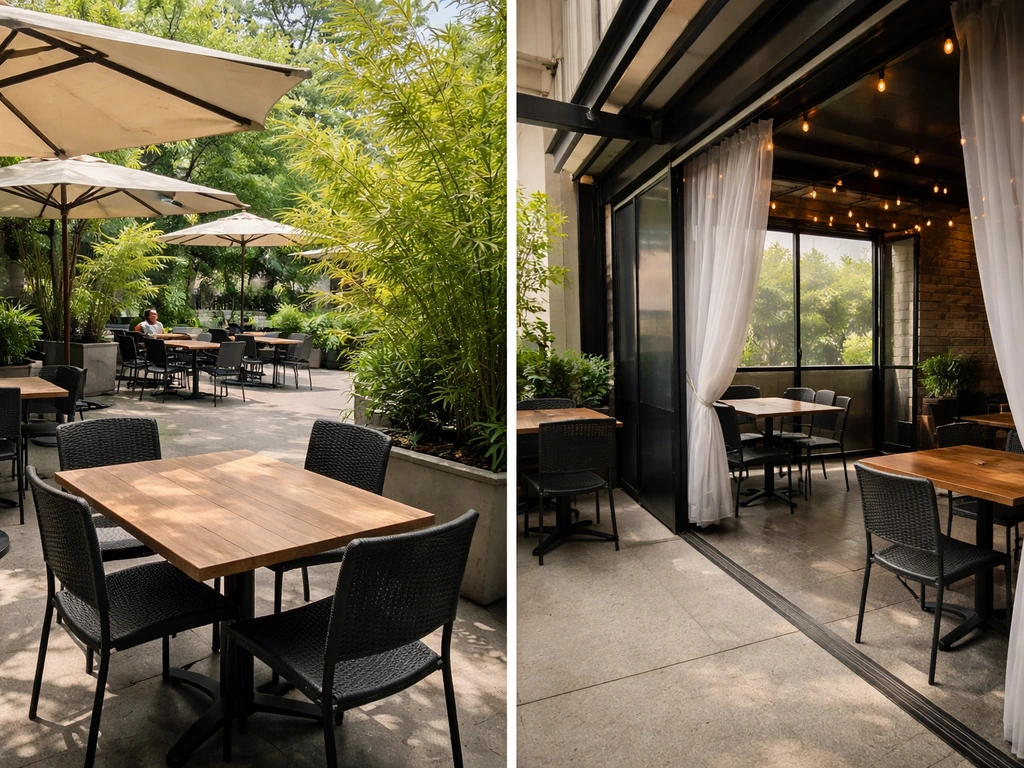 Open-air restaurant patio and a partially screened outdoor seating area side-by-side in natural light.