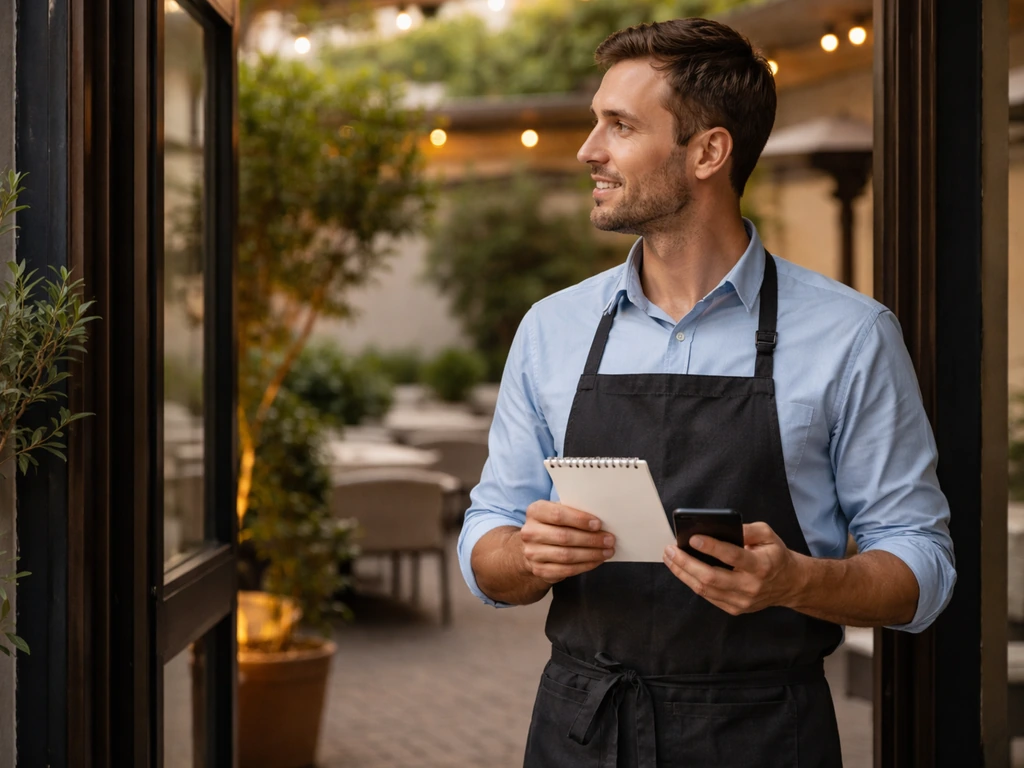 Restaurant patio entrance with a host holding a notepad, ready to answer questions about smoking rules.