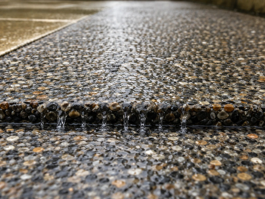 Resin patio surface with rainwater seeping through, showing drainage and no pooling.