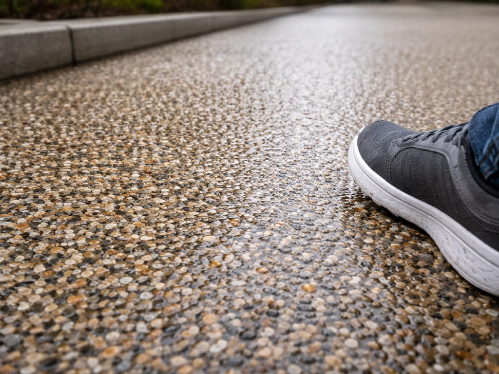 Wet resin-bound gravel patio with a rubber-soled shoe stepping for traction in natural light.
