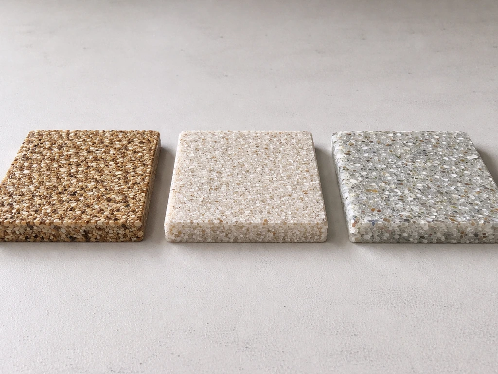 Side-by-side resin-bound finish samples showing smooth troweled textures in different aggregate colors.