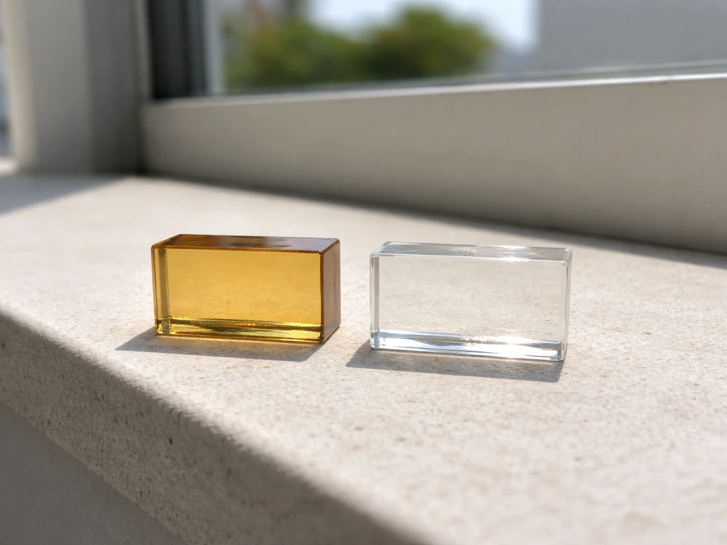 Two resin samples side-by-side outdoors: UV-exposed yellow/brown vs newer clearer surface.
