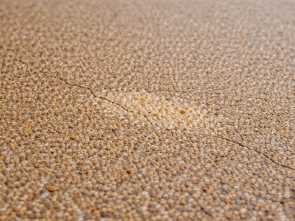 Close view of a resin patio patch where fresh aggregate contrasts with cracked existing surface.