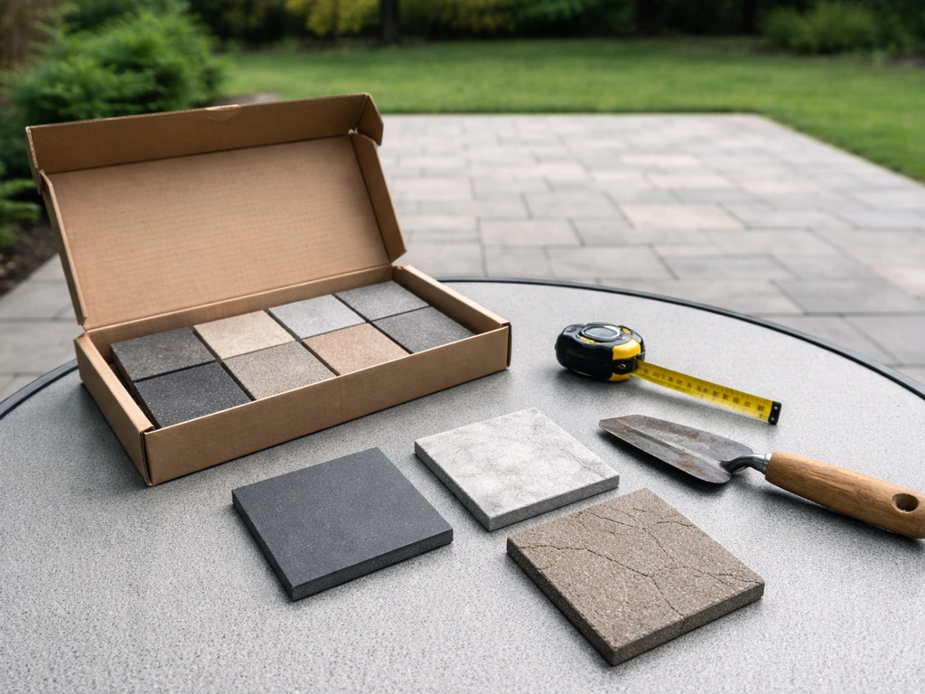 Outdoor patio table with material swatches, measuring tape, and trowel suggesting resin vs alternatives cost and lifespa