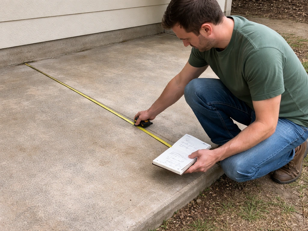 Homeowner measuring a concrete patio slab with a tape measure and notebook outdoors.