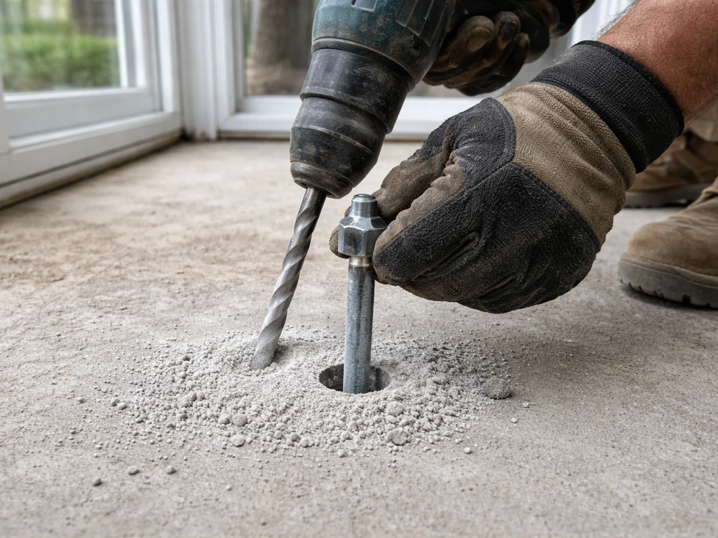 Gloved hands drilling an existing concrete slab with a hammer drill for a post-installed anchor