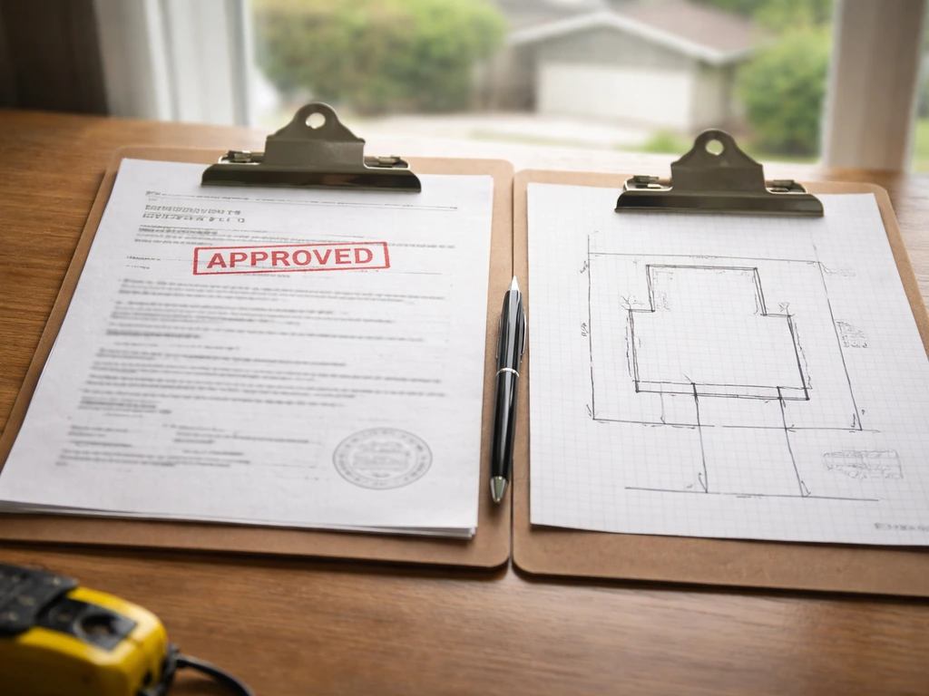 Stamped building permit and a simple setback survey sketch laid on a clipboard during a home inspection.