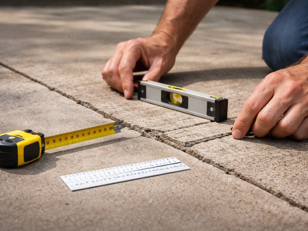 Tools and a crack-width gauge on an inspected concrete patio slab with visible hairline cracks.