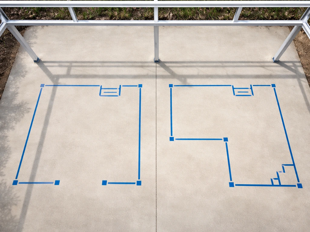 Overhead view of taped two upper-patio footprint options over a carport frame, with stair locations.