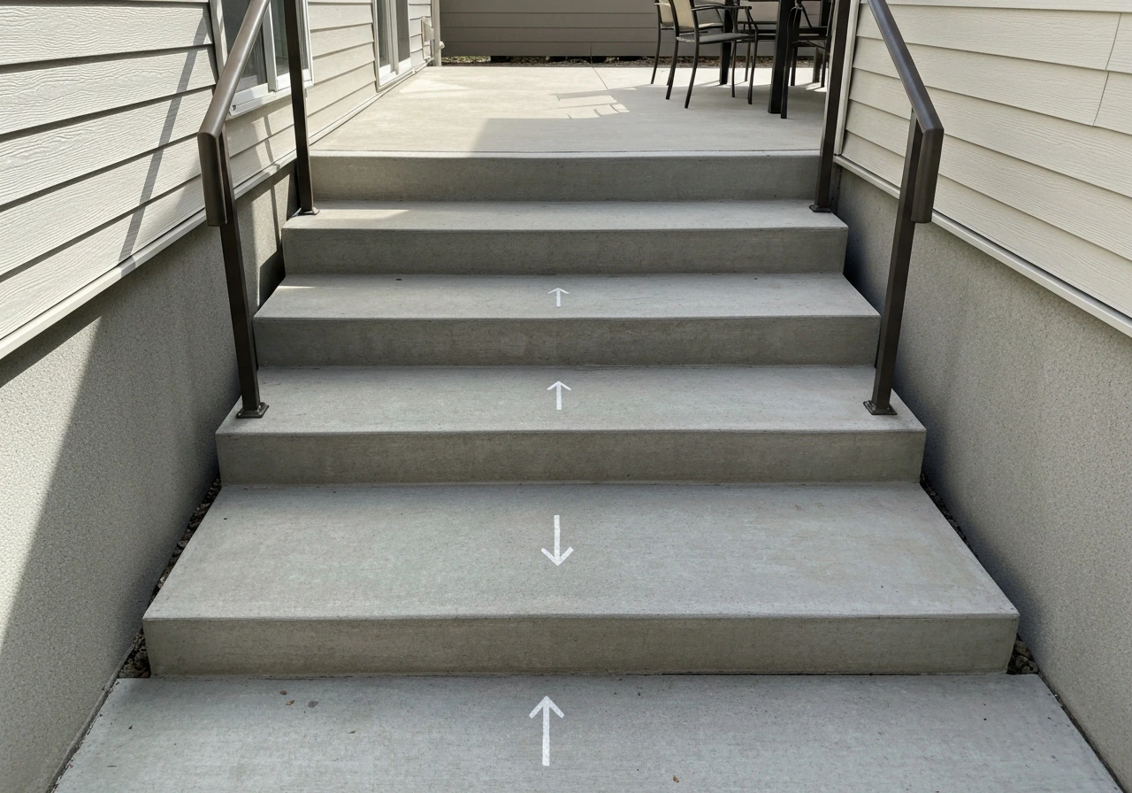 Residential stairs showing a landing at top and bottom with clear direction of travel.