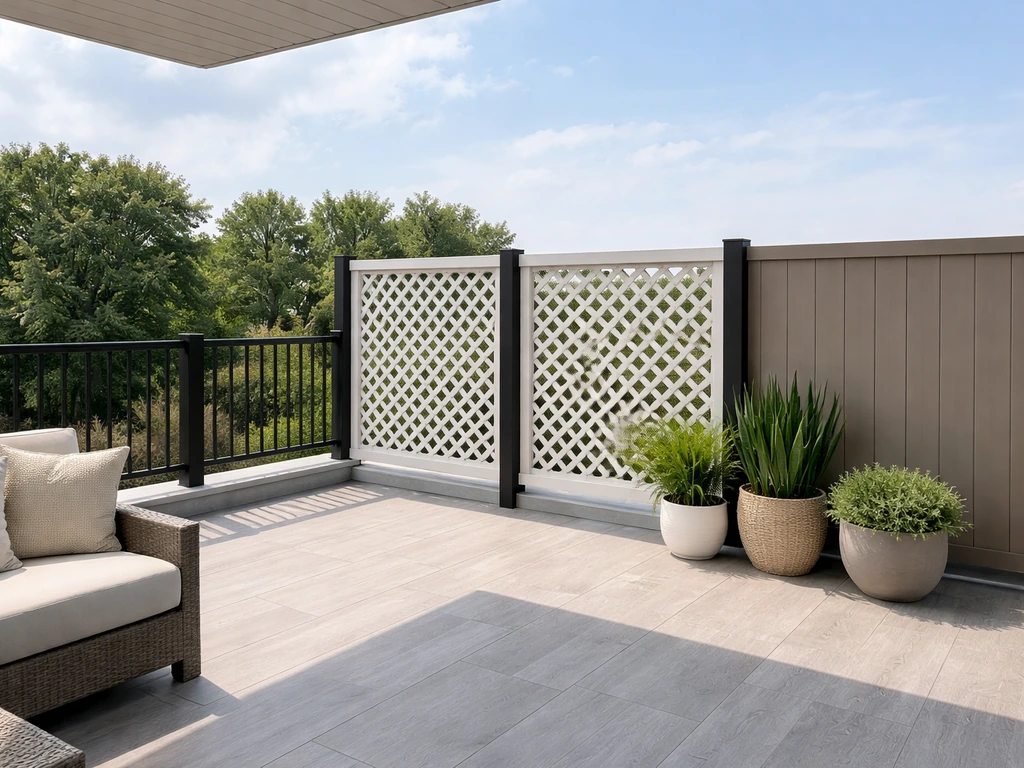 Minimal carport-top patio showing three privacy railing options: open railing, lattice panel, and solid screen.