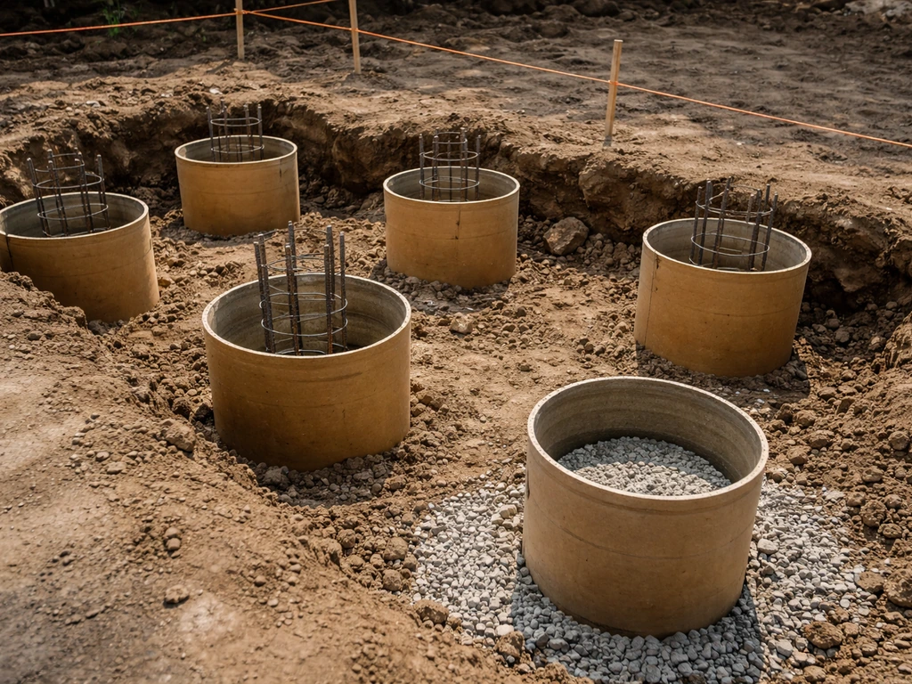 Excavated ground with circular concrete footing forms and rebar for a freestanding elevated patio/carport.