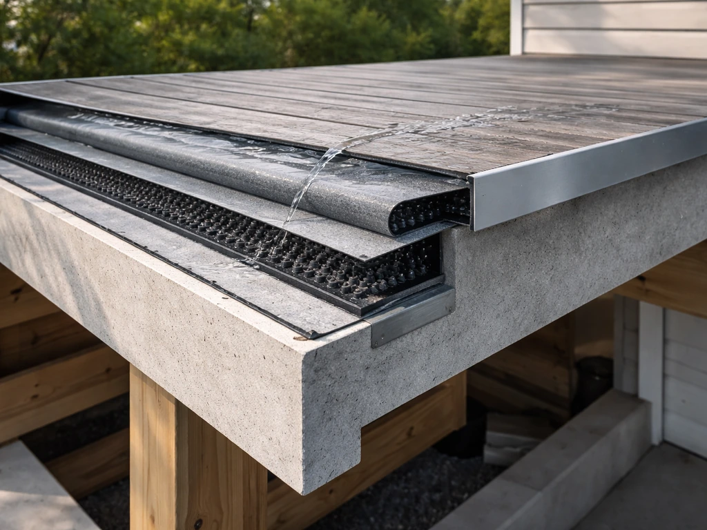 Minimal cutaway view of deck waterproofing layers with flashing and water draining away from a carport.