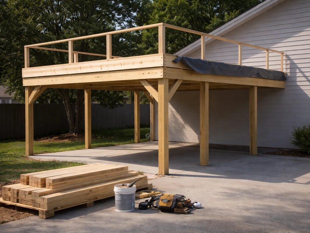 Minimal photo of a contractor’s worksite: carport-style frame with rooftop patio beams, materials and tools nearby.