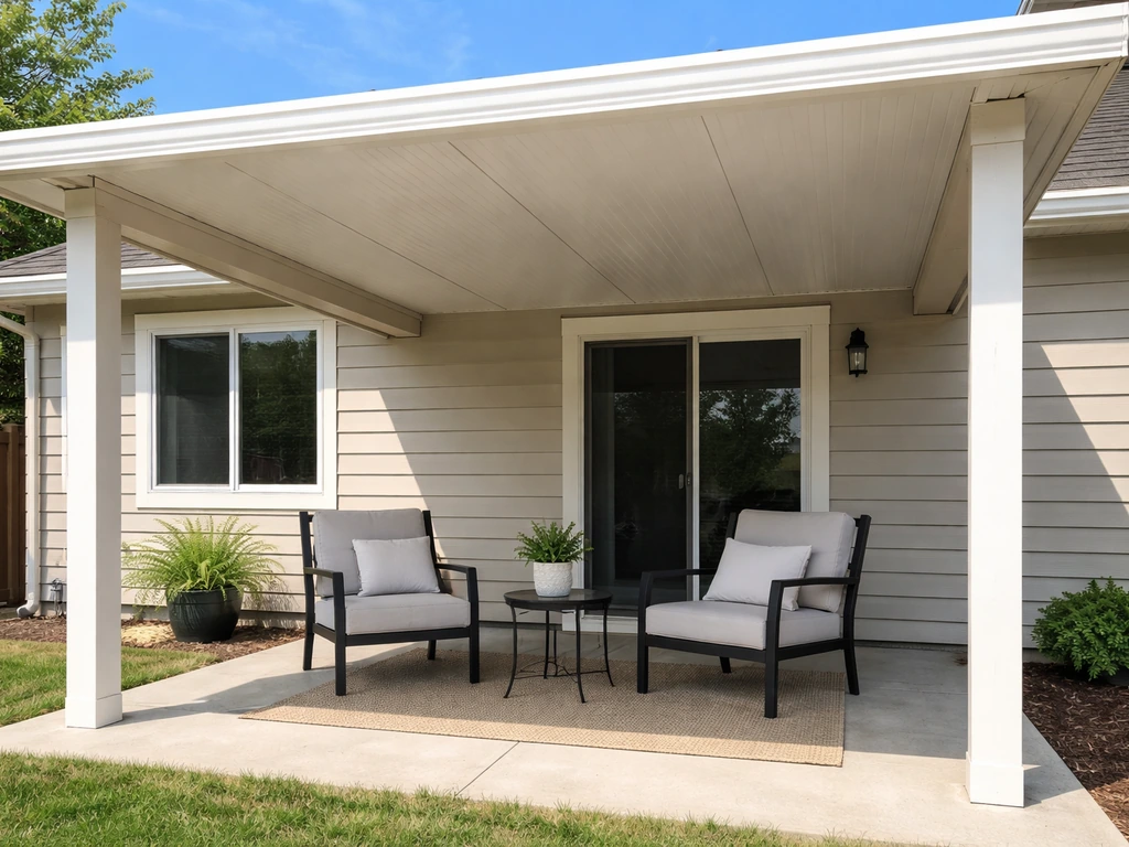 Bright patio scene showing an insulated overhead cover shading comfortable outdoor seating.