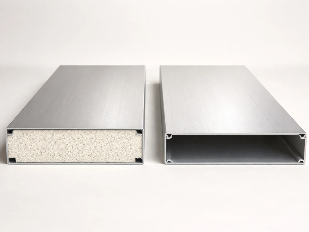 Photo-like cutaway showing insulated sandwich panel vs single-layer patio cover cross-sections.