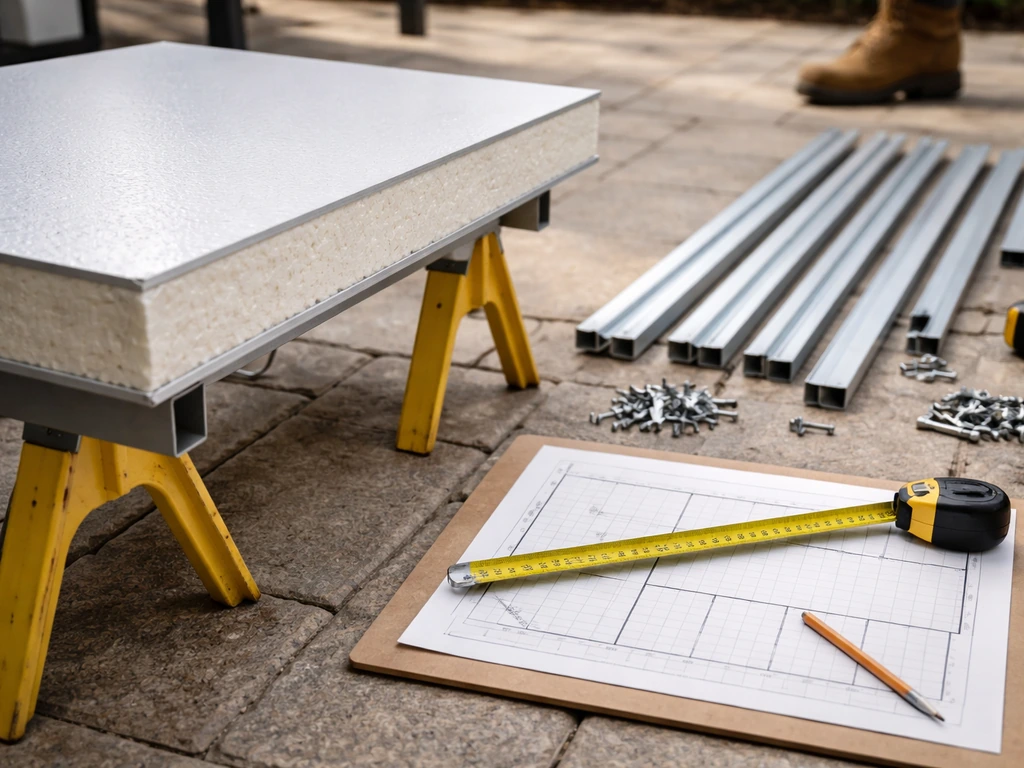 Insulated patio cover panel, mounting rails and fasteners laid out with a measuring tape on a patio plan.