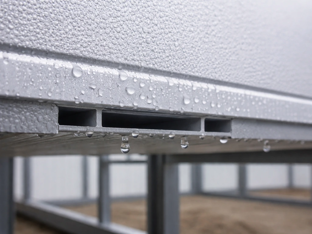 Close-up of an aluminum insulated panel underside with condensation droplets near a seam and a drainage/venting gap.