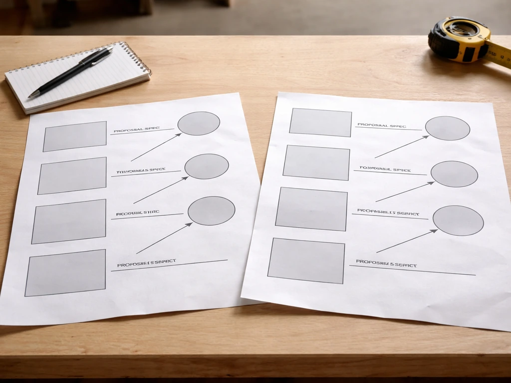 Two patio cover proposal spec sheets side by side on a table, with non-text callouts for key details.