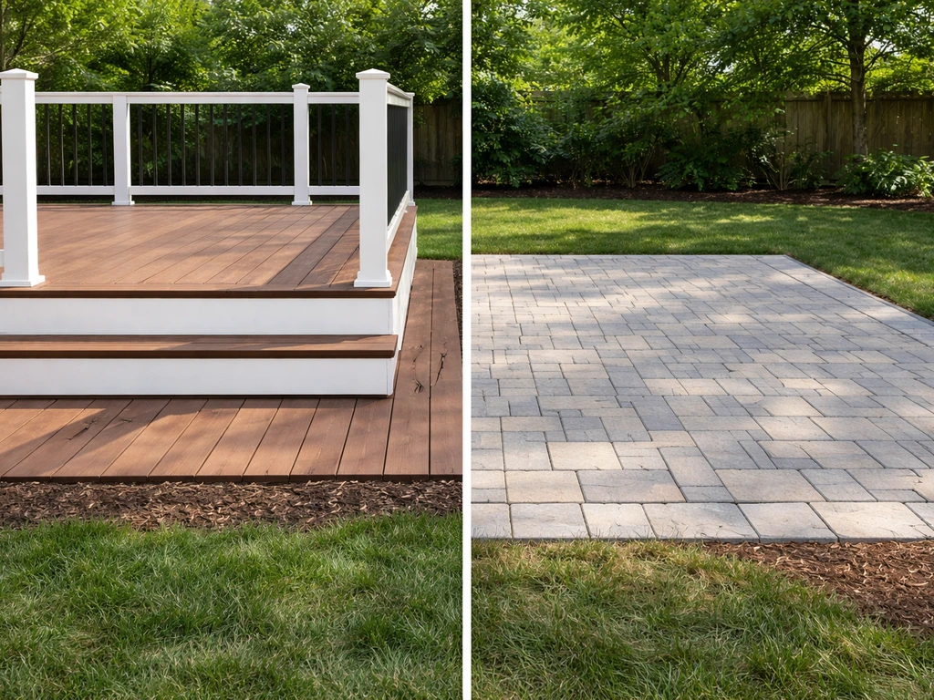Backyard split-view showing a finished wood/composite deck on one side and a finished paver patio on the other.