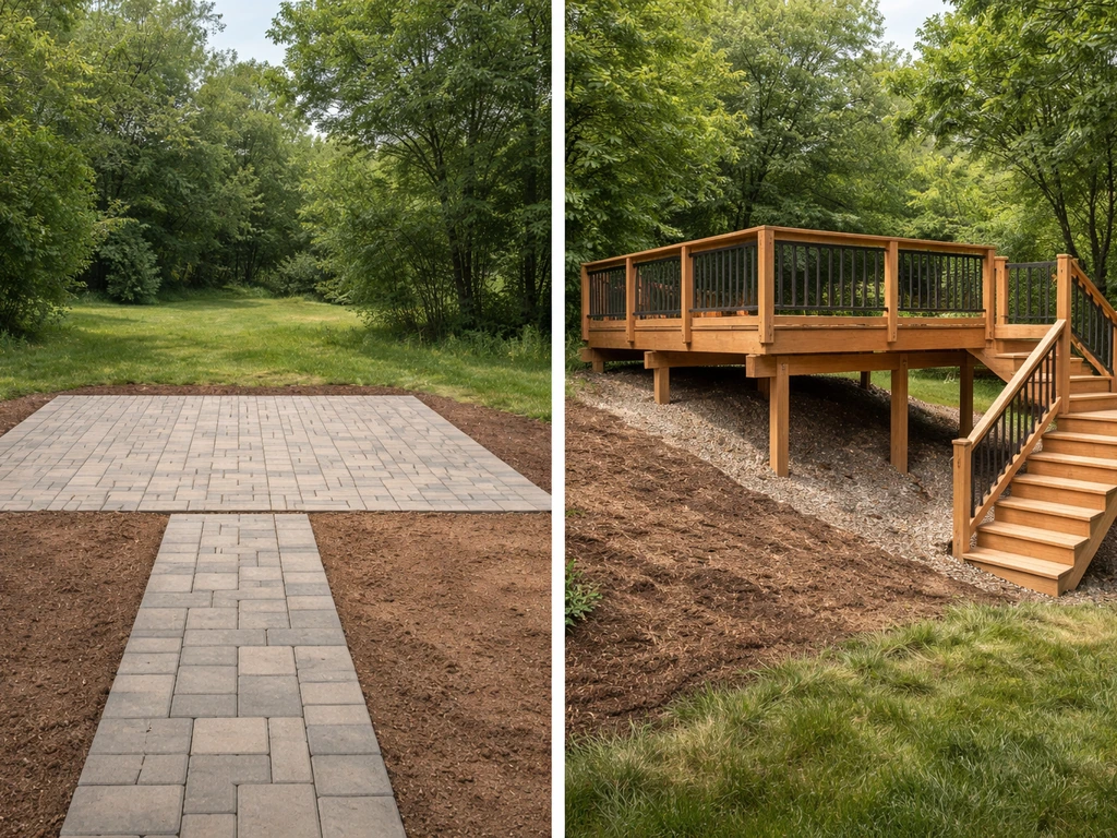 Split view showing a paver patio on flat soil beside a deck area on a sloped yard