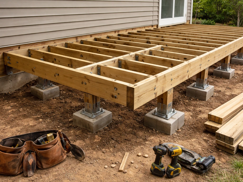 Unfinished deck framing with ledger, joists, and pier footings on-site, tools nearby.