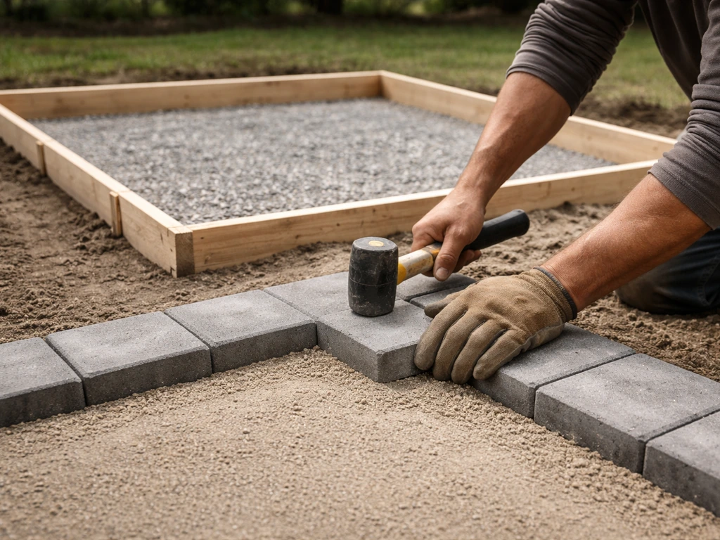 Worker hands setting concrete paver edges and a nearby form for a slab, showing patio surface options