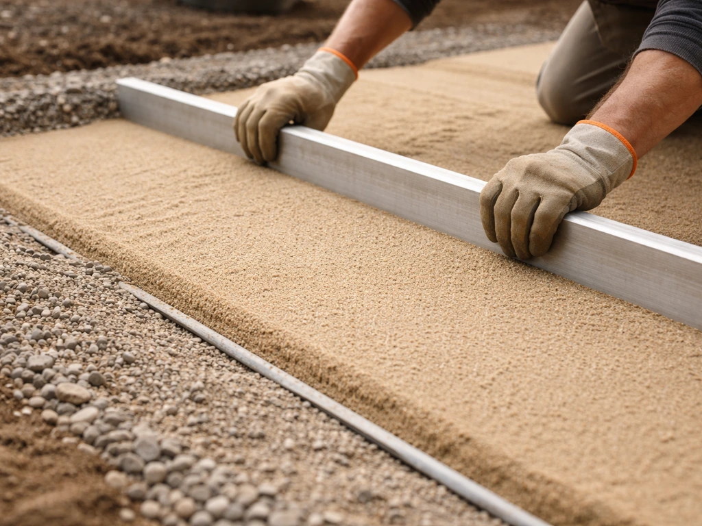 Close-up of screeding 1-inch bedding sand over compacted aggregate base for a paver patio