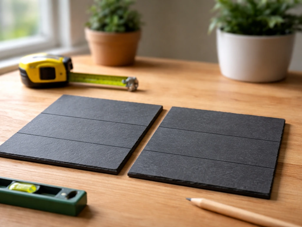 Minimal workbench scene with two blank slate tiles side-by-side suggesting a DIY patio comparison table.