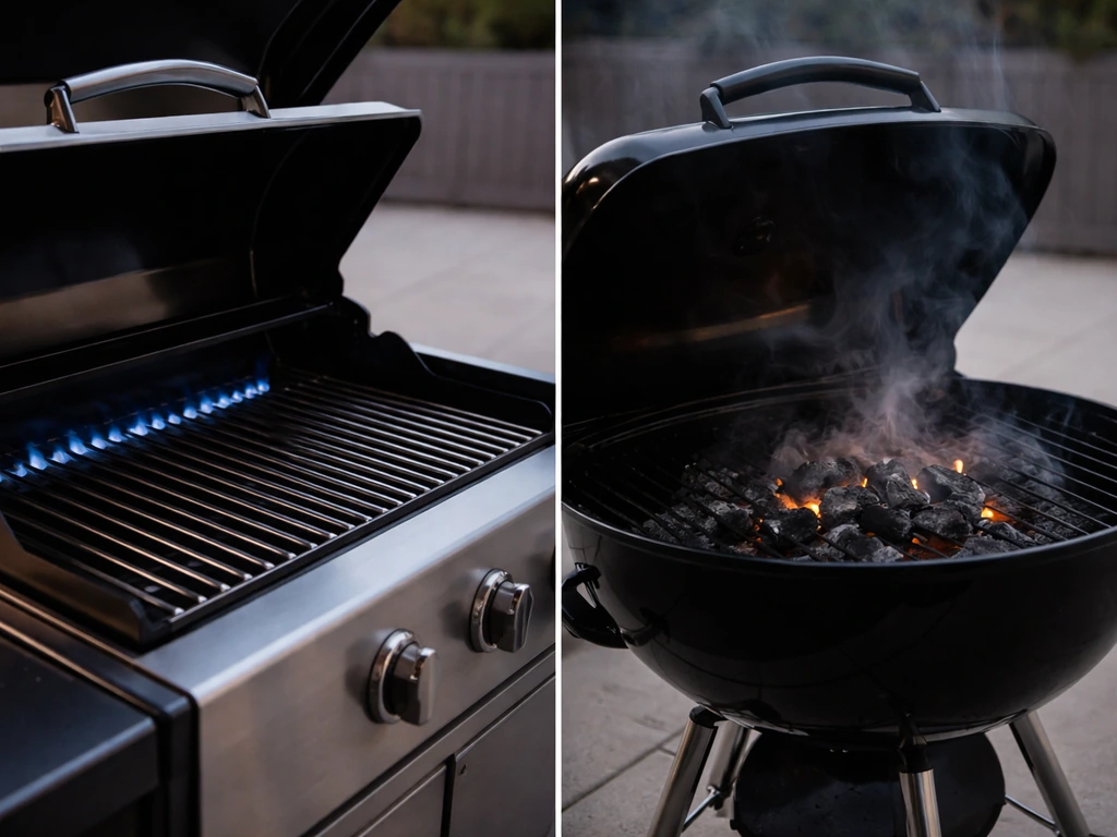 Split view of gas and charcoal grills: gas burner flames in one side, charcoal briquettes and smoke in the other.