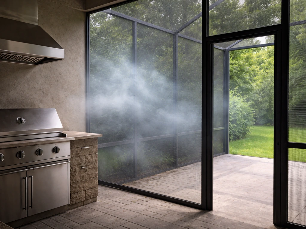 Smoke haze inside a screened patio near the mesh, with clearer airflow toward an open doorway.