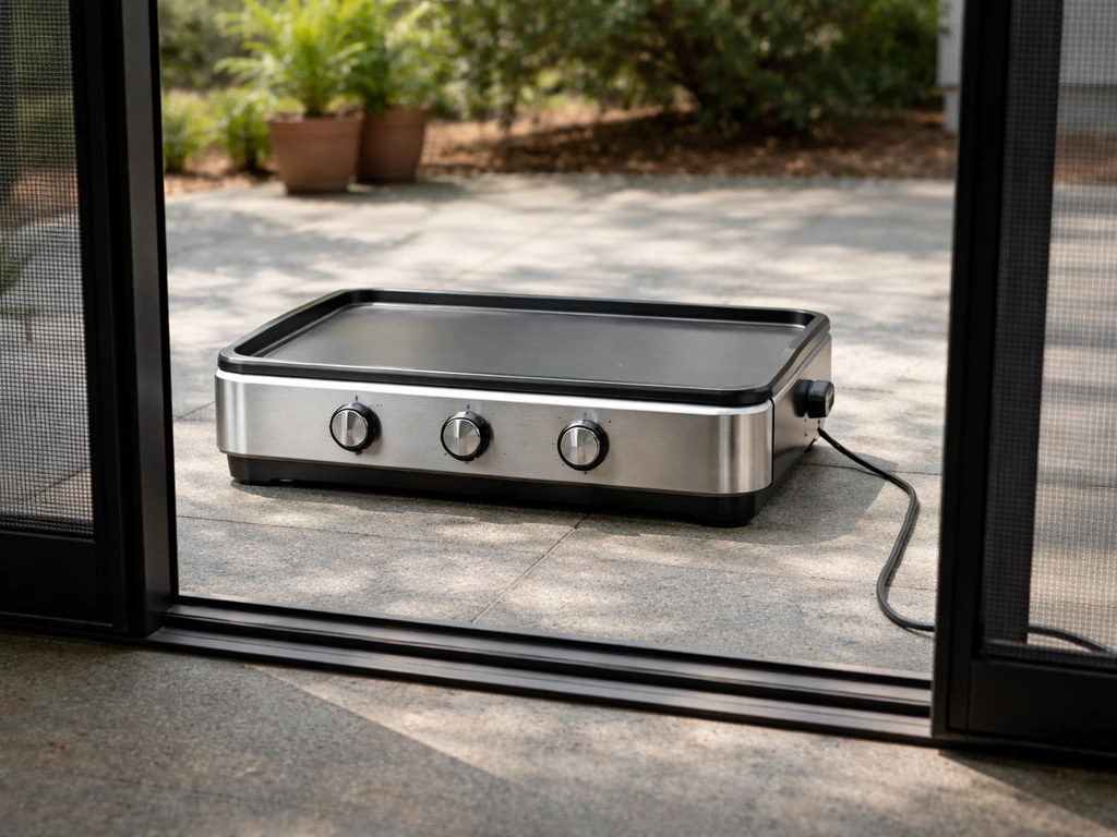Electric grill on an open patio just beyond a screened-in door, no flames visible