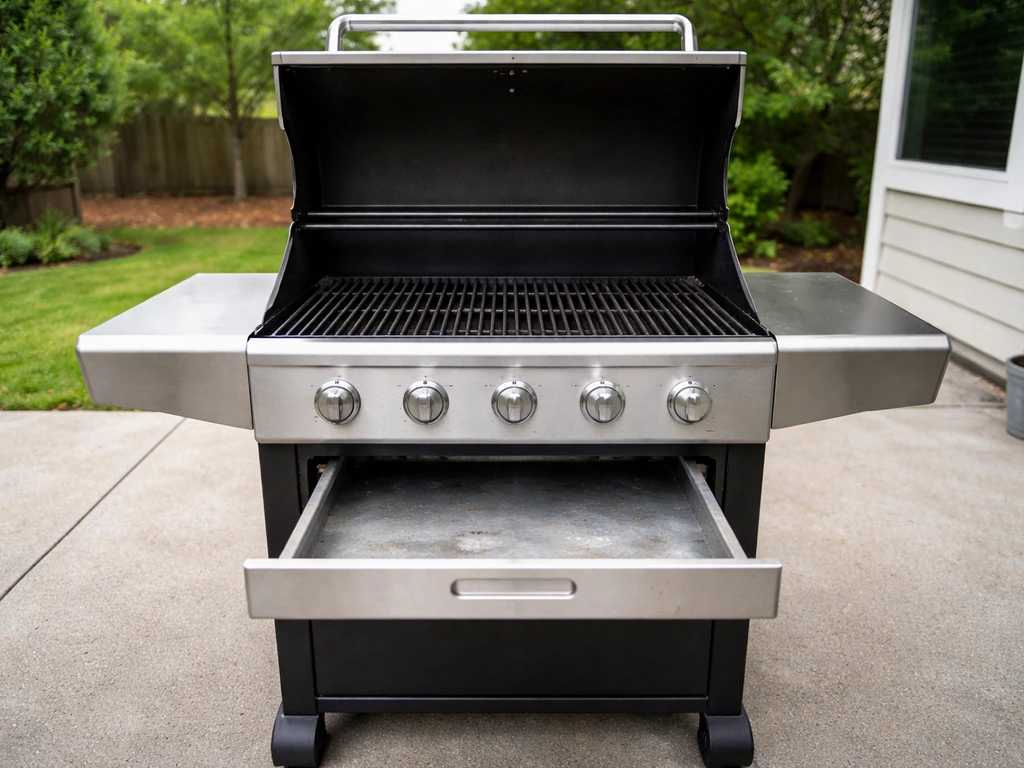 Cooled outdoor grill with grease tray removed and empty, combustibles kept clear on a tidy patio.