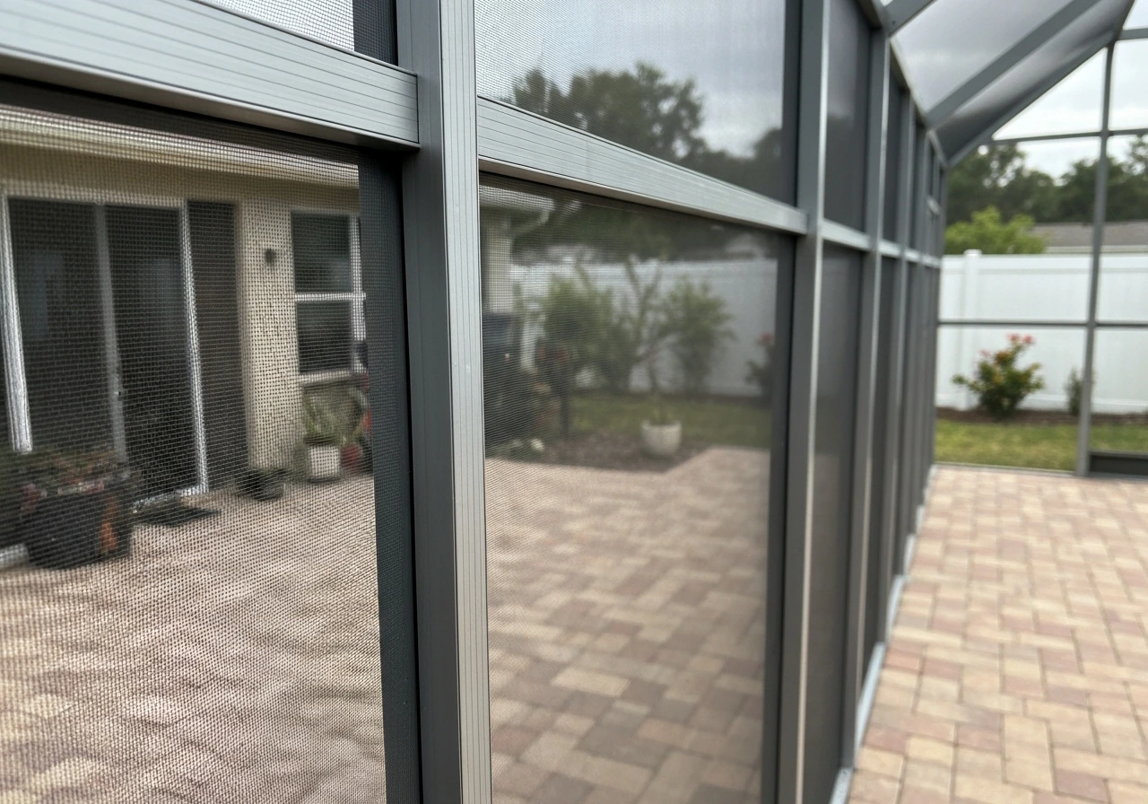 Outdoor patio enclosure with visible aluminum-framed screen panels and corners in natural daylight.