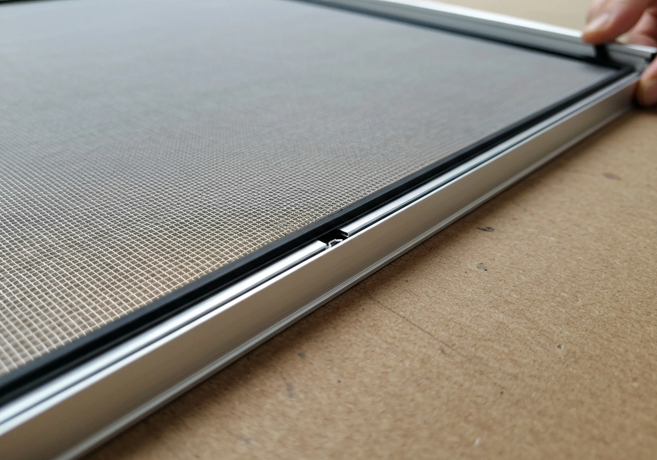 Close-up of a fixed screen panel: mesh taut over an aluminum frame with rubber spline seated in the channel.