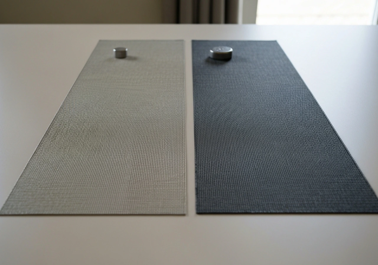 Side-by-side photo of standard fiberglass mesh and tighter solar/privacy mesh on a table.