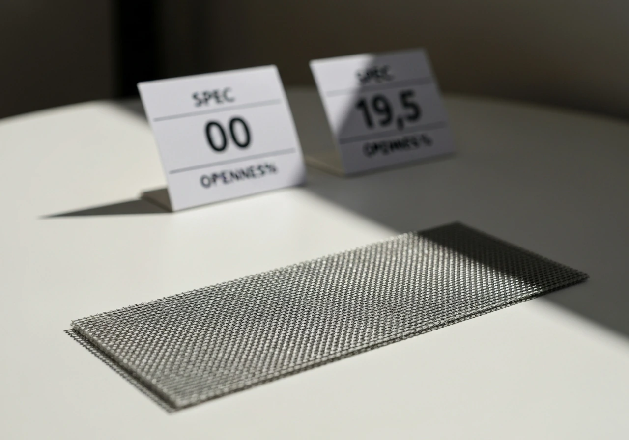 Close-up of a fabric mesh sample beside printed spec cards showing weave count and openness percentage