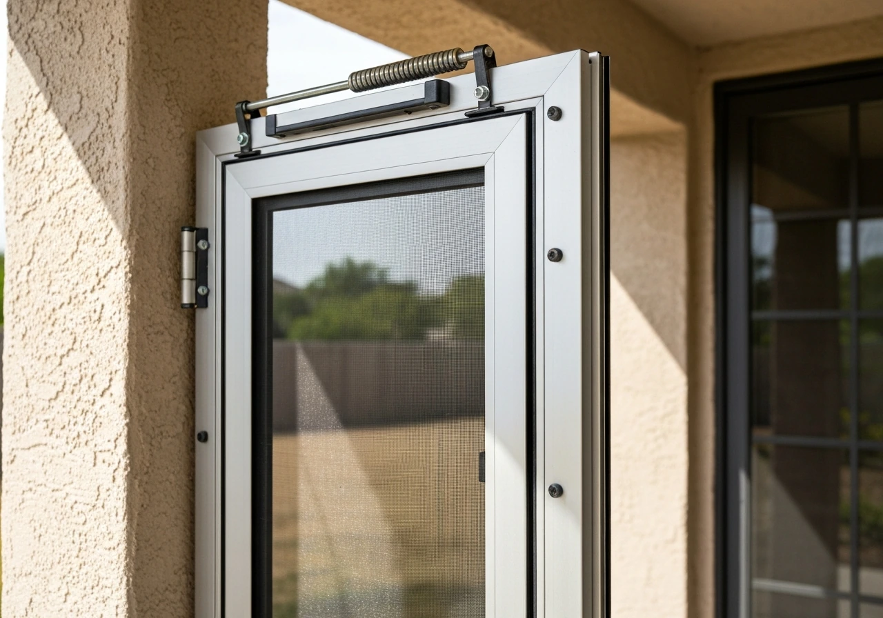 Close view of an aluminum screened door with visible mounting fasteners and panel gaps outdoors in a breeze.