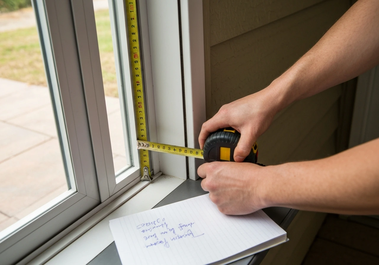 Homeowner measuring patio enclosure panel openings with tape measure and handwritten notes on a notepad.