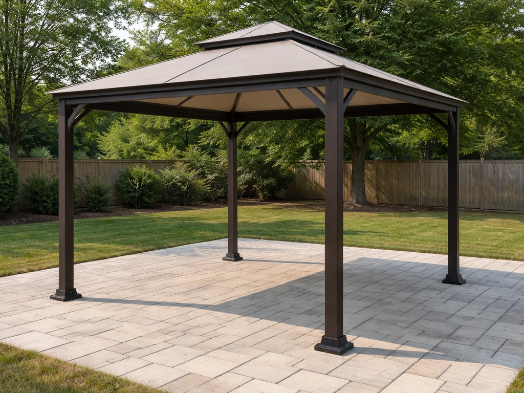 A gazebo anchored on a patio with visible post bases and clear surrounding space.