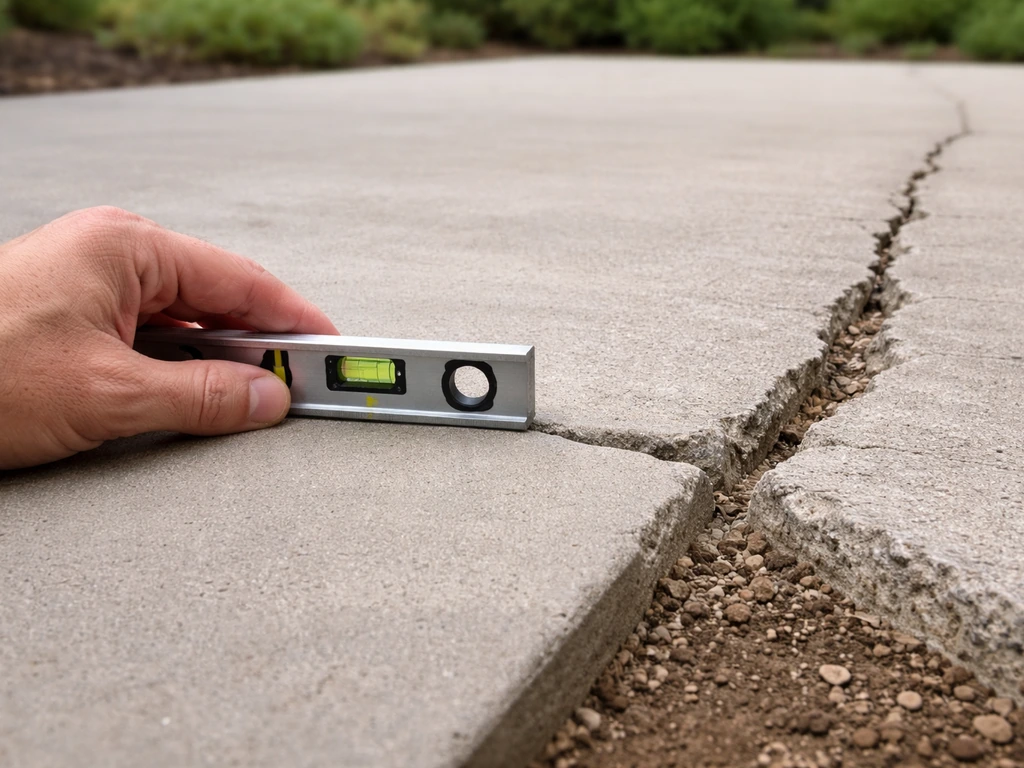 Close-up of two patio areas: level concrete section beside visibly cracked and heaved slabs
